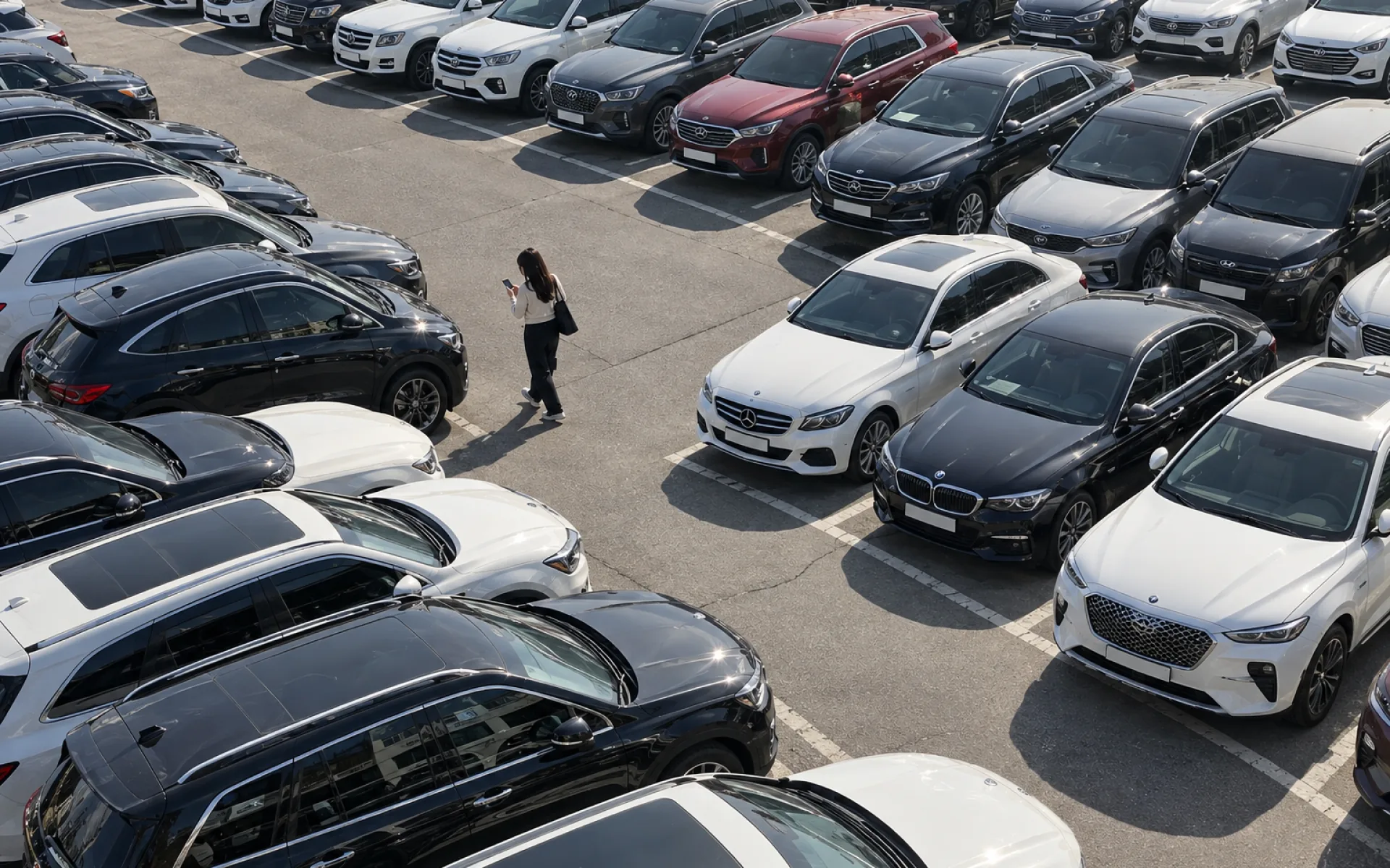 A customer checking a car on their phone at a used car complex