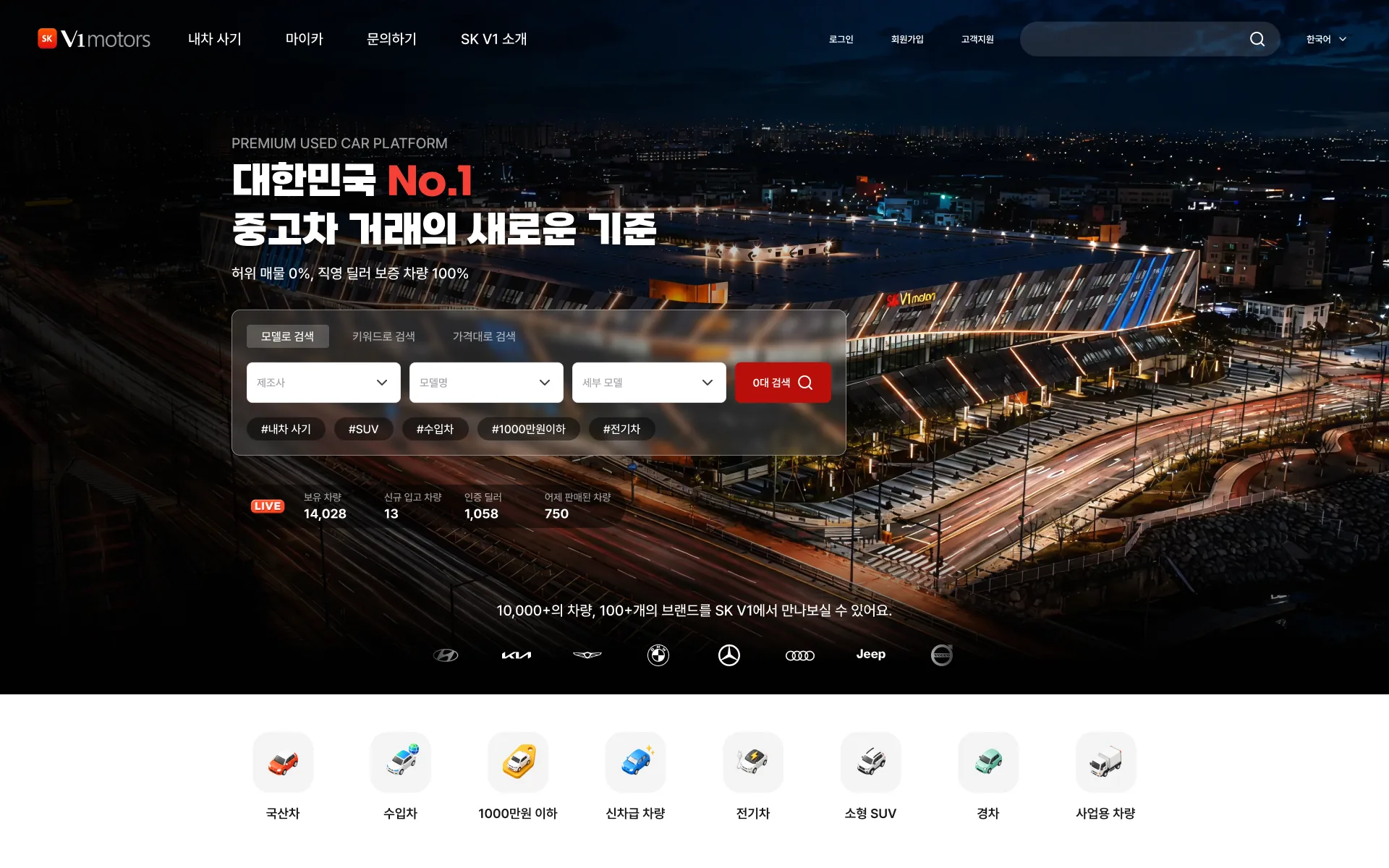The SK V1 Motors website home screen